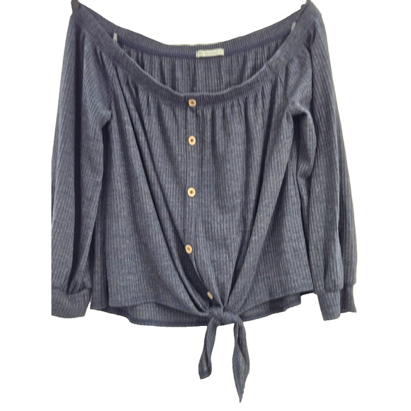 Veveret Off Shoulder Waffle Knit Button Down Tie Front 3XL Dark Heather Blue Top - Picture 1 of 4